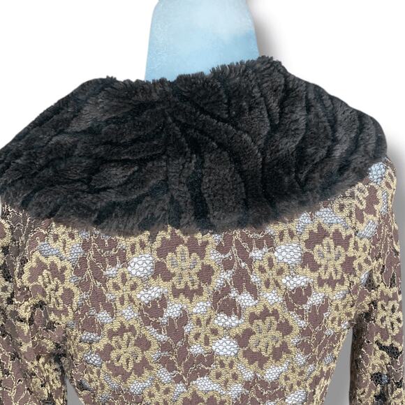 Y2K Ann Ferriday Brown Gold Lace Jacket Faux Fur Collar Victorian Boho Romantic - Picture 6 of 11